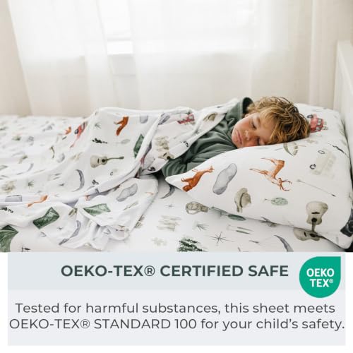 Image of Pobibaby Premium Twin Full Sheets Sets, Kids Double Bed Sheets in Cotton Blend | Ultra-Soft Woodland Camping Print with Fitted Sheet, Flat Sheet & Pillowcases (Full Explore)