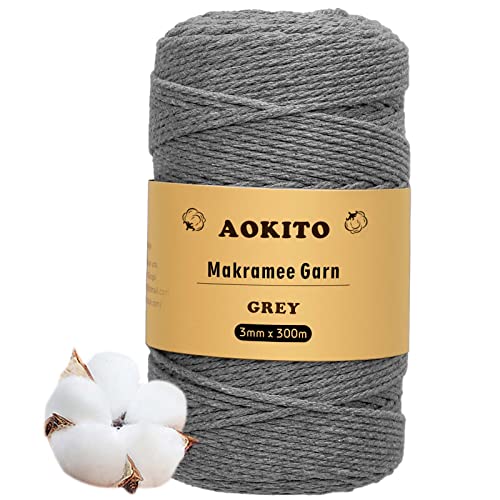 AOKITO Hilo de Macramé de Algodón 3mmx300m | Cuerda de Algodón Gruesa para Manualidades, Plantas Colgantes y Decoración Bohemia | 100% Natural y Biodegradable | Colgante de Flores (gris)