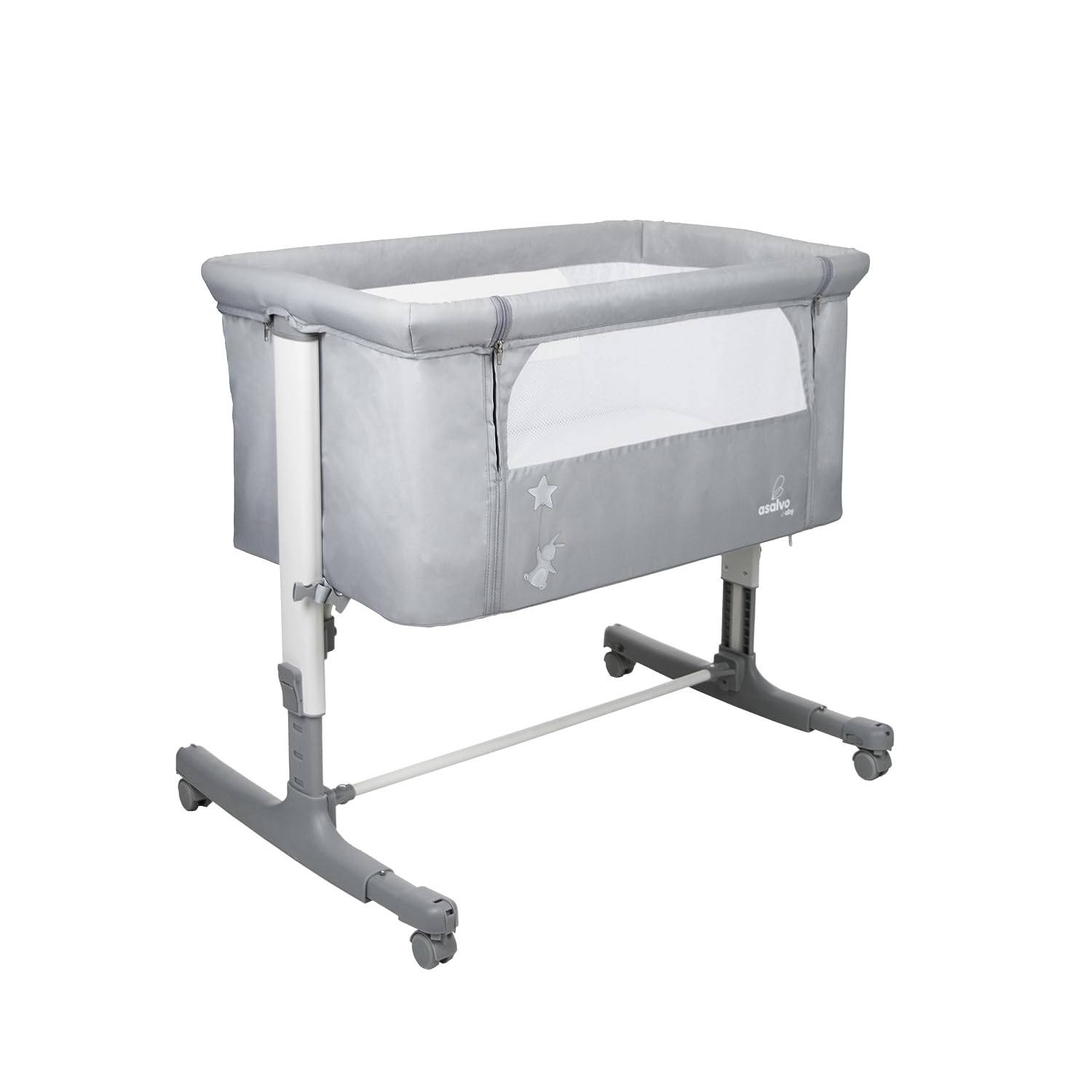 Asalvo Calm Minicuna para Bebé con Sistema de Fijación a la Cama, Colchón con Funda, Altura Ajustable y Laterales Ventilados, Minicuna Colecho Dormir Cerca del Bebé, Desde 0 Meses hasta 9 kg, Gris