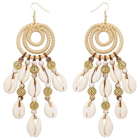 BOCAR Statement Boho Rattan Shell Dangle Earrings for Women Handmade Summer Vocation Beach Tropical Accessories Jewelry Gift (ER-1013-Beige) Cover
