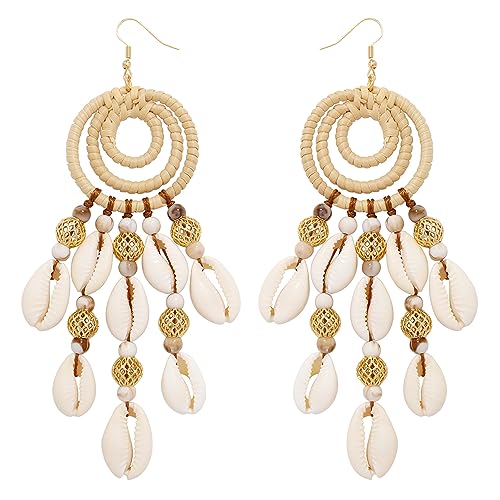 BOCAR Statement Boho Rattan Shell Dangle Earrings for Women Handmade Summer Vocation Beach Tropical Accessories Jewelry Gift (ER-1013-Beige)