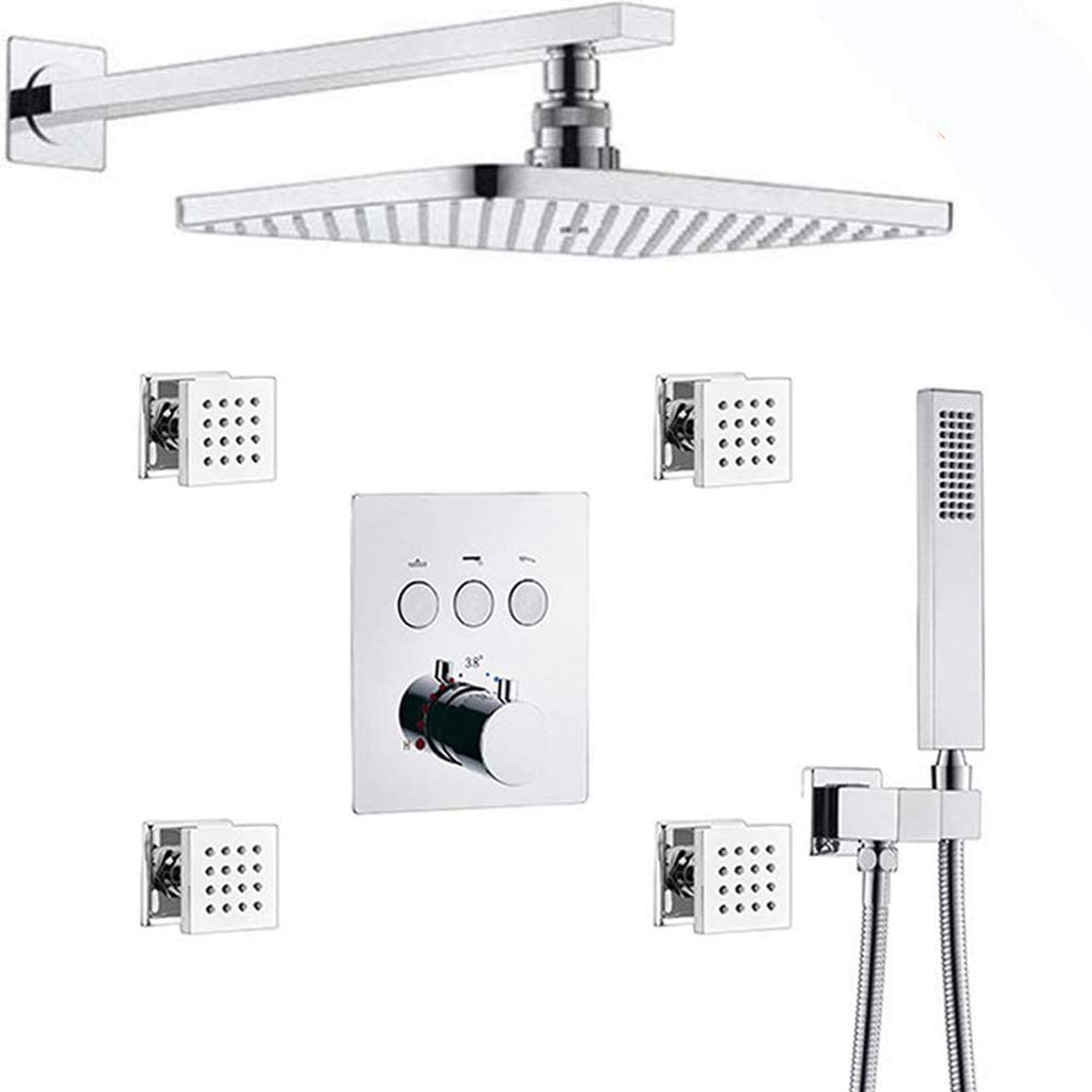 Mosiężny prostokątny termostatyczny system prysznicowy, 30 x 20 cm, efekt deszczu, z 4 dyszami do masażu i mieszaczem. Luksusowy zestaw prysznicowy do łazienki, wykończenie szczotkowanego