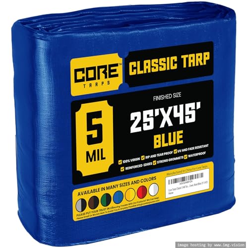 Core Tarps Classic 5 Mil Tarp Cover, Waterproof, UV Resistant, Rip and Tear Proof, Poly Tarpaulin with Reinforced Edges for Roof, Camping, Patio, Pool Cover, Boat (Blue 25 X 45)