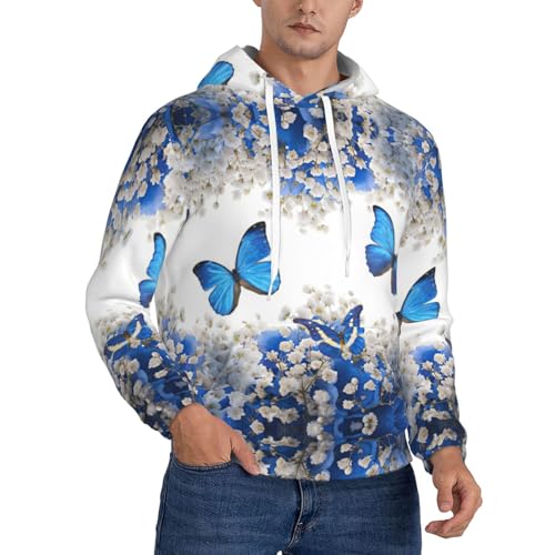 Chandail à capuche homme papillons bleus et fleurs blanches S-4X