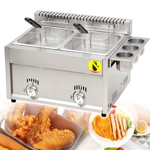 16L Home and Commercial Gas Deep Fryer,Countertop Stainless Steel Dual Tank Kitchen Frying Machine,with 2 Baskets & Lids,for Cooking Fries, Onion Rings, Egg Rolls,