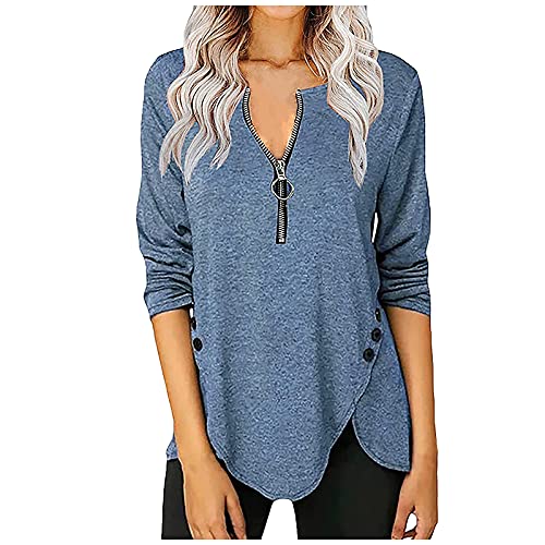 ZEFOTIM Oversized Shirts For Women,Loose Solid Color Zipper Tunic Tops Casual Long Sleeve V-Neck Button Decorate Blouse Tees Halter Tops For Women Tunic Blouses For Women Womens Tunic Tops Summer
