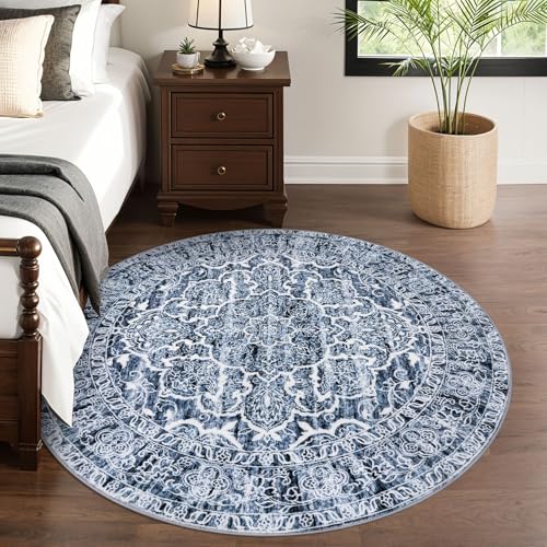 KUTA Round Rugs 6ft, Blue White Circle Rug Washable 6ft, Non-Slip Printed Vintage Medallion Carpet for Living Room Dining Kitchen Indoor Entryway