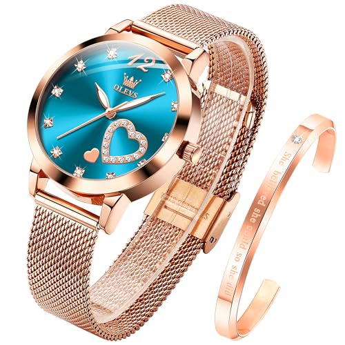 OLEVS Womens Watch Gift Set avec Bracelet Rose Gold Bleu Ladies Minimaliste Minimaliste Slim Robe DéContractéE Analogique Montre à Quartz ImperméAble