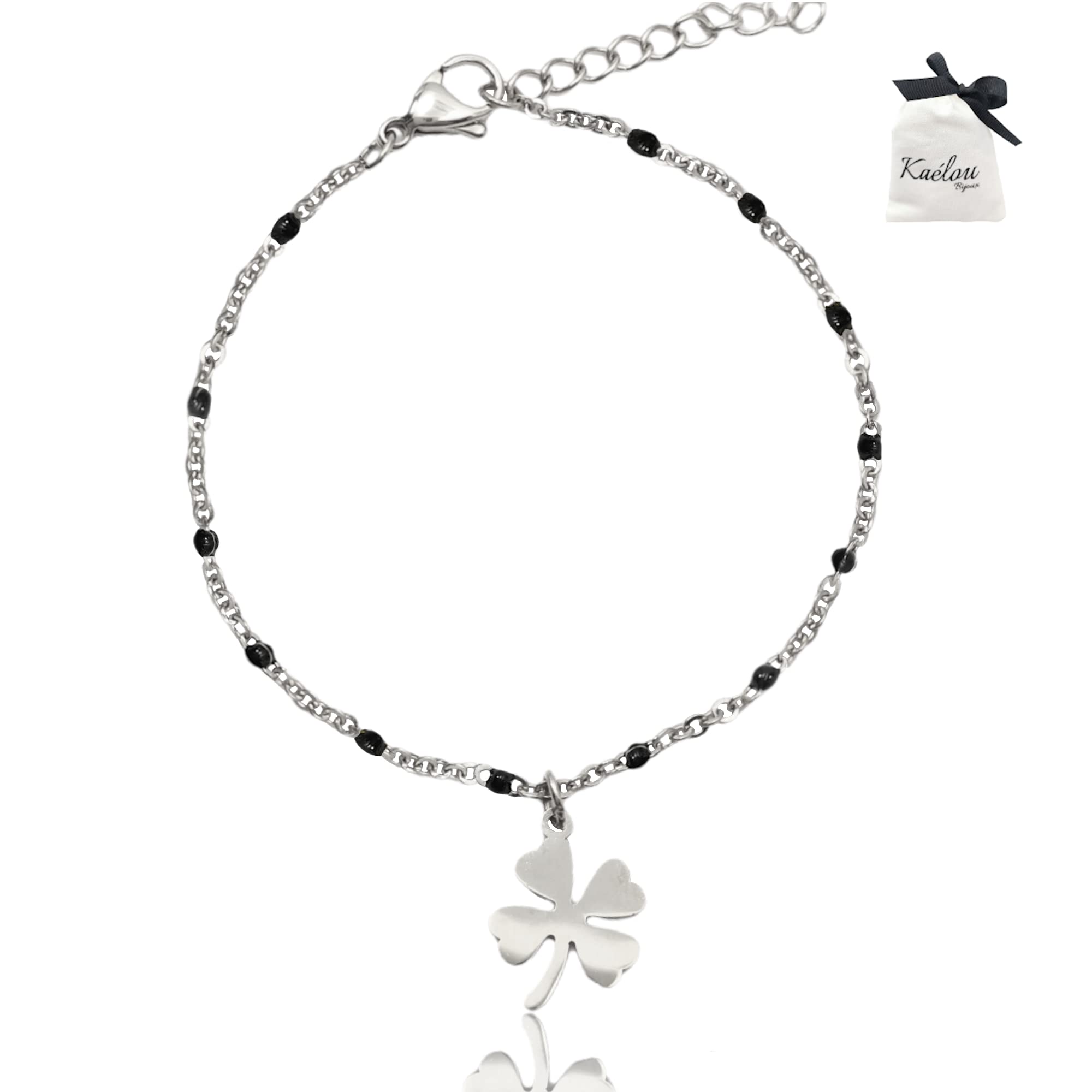 Bracelet Femme Trèfle Porte Bonheur Chaîne en Acier Inoxydable Argenté Argent Artisanal Fait Main Trèfle à 4 Feuilles Perles Idée Cadeau Anniversaire Noël Fête Mères Hypoallergénique