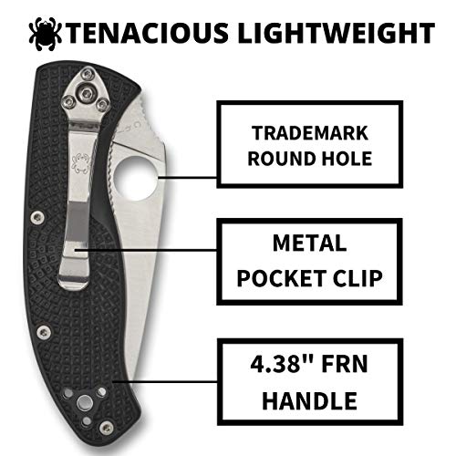 Spyderco Tenacious Lightweight Folding Utility Pocket Knife With 3.39" Stainless Steel Blade And Black Frn Handle - Everyday Carry - Plainedge - C122Pbk #TOP3