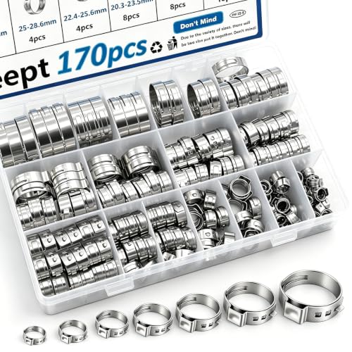 Image of 170Pcs 13 Sizes 304 Stainless Steel Single Ear Hose Clamps 5.3-31.6mm Crimp Hose Clamps Assortment Kit Perfect for Automotive /Home Appliance /Water Pipe and Fuel Line