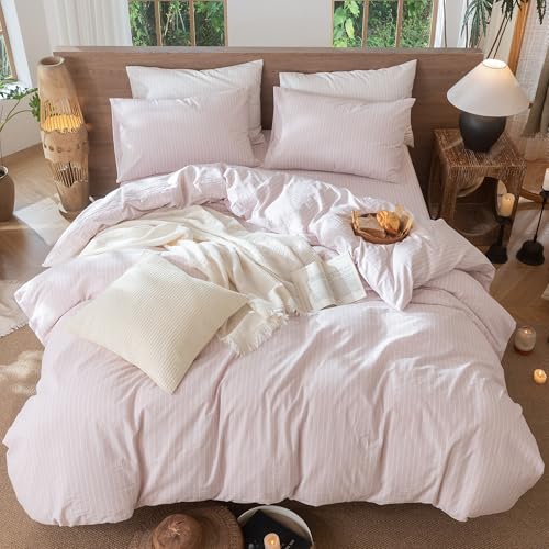 Image of MooMee Striped Duvet Cover Set 100% Washed Cotton Linen Like Oversized King | Relaxed Linen-like Texture. Soft, Breathable & Long-lasting Comfort. Lightweight. Hidden Zipper with 8 Interior Corner Ties