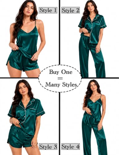 Image of SWOMOG Womens Silk Satin Pajamas Sets 4pcs Sleepwear Sexy Cami Shorts Set and Button Down Short Sleeve Pjs Loungewear