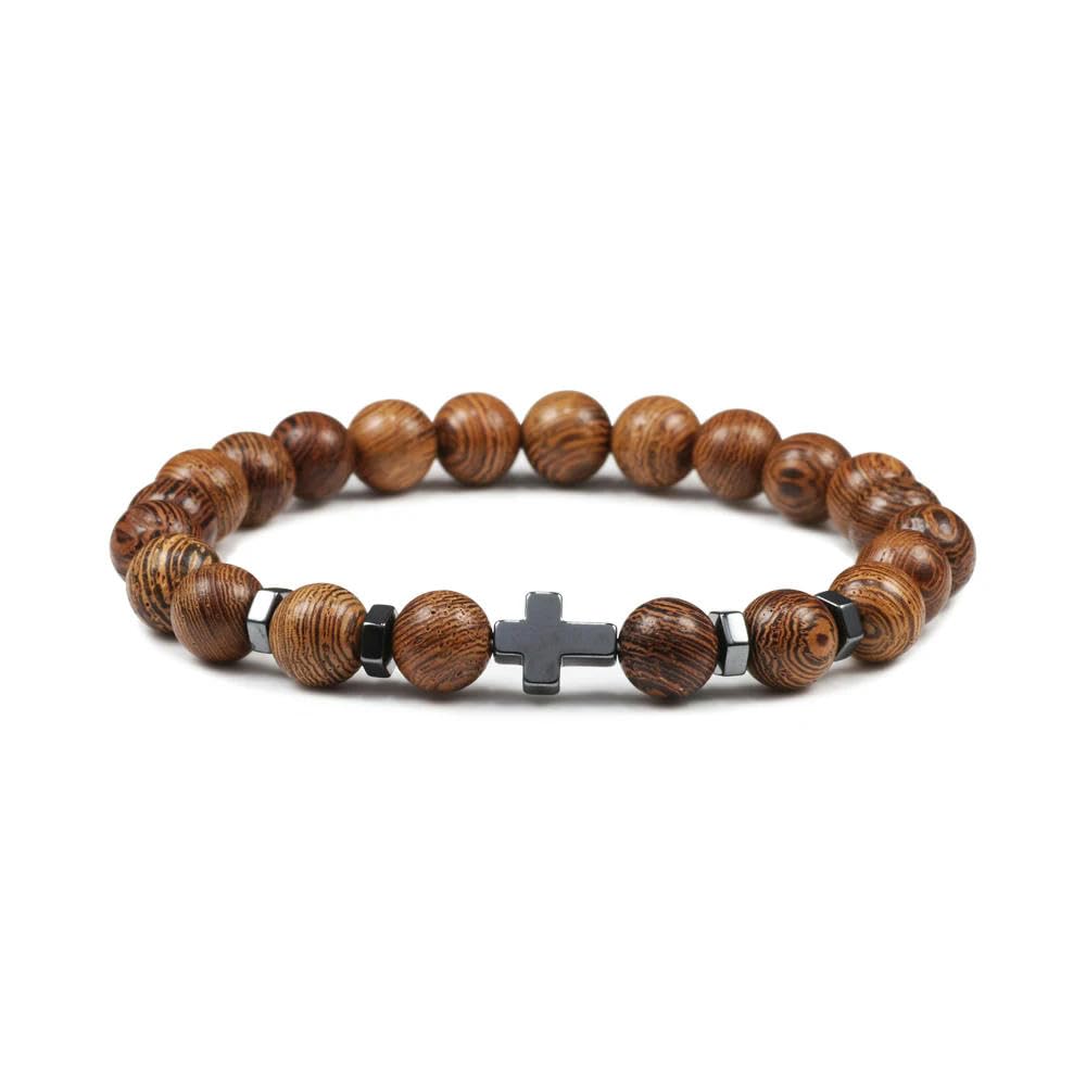 Tdchndro Men's 8Mm Wooden Bead Natural Raw Stone Bracelet –Cross Bracelet For Wo Handmade Beaded Natural Tiger Eye Bracelets(8Mm Wooden Bead)