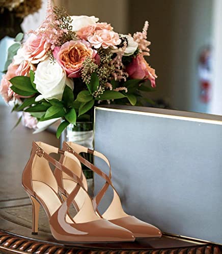 Minshluu Womens Pumps High Heels Pointed Toe Crossed Strap D'orsay Zip Up Stilettos Party Dress Shoes Dark Brown #TOP4