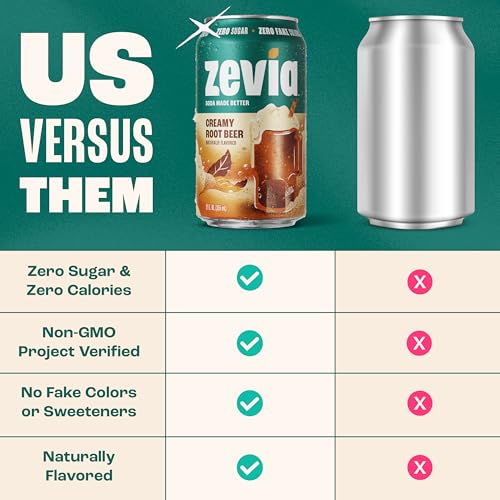 Image of Zevia Zero Sugar Soda, Creamy Root Beer, 12 oz Cans (24-Pack) - Naturally Sweetened, Non-GMO Project Verified, Gluten-Free, Vegan