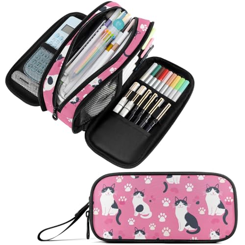 Image of Fustylead Cute Japanese Shorttail Cat and Paw Print on Pink Background Pencil Pen Case with 3 Compartments, Lightweight & Spacious Stationery Bag Cosmetics Bag
