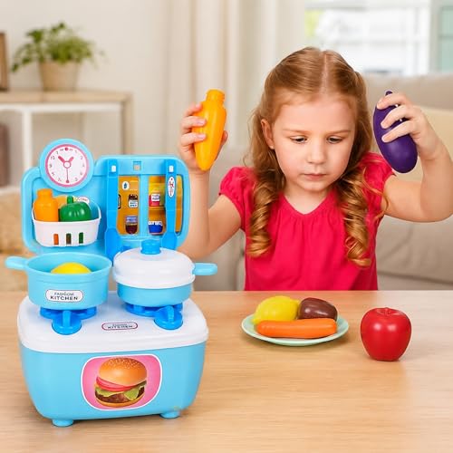 Image of WISHKEY Kitchen Cooking Pretend Play Set for Little Chef's with Accessories, Cookware, Utensils & Cute Multi-Purpose Portable Suitcase for Kids 3 Years & Above (Blue)