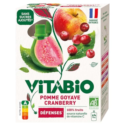 VITABIO – Compote Bio Défenses aux Fruits Exotiques, Saveur Pomme Goyave Cranberry (4x100g) - lot de 3 - Vendu par Lot