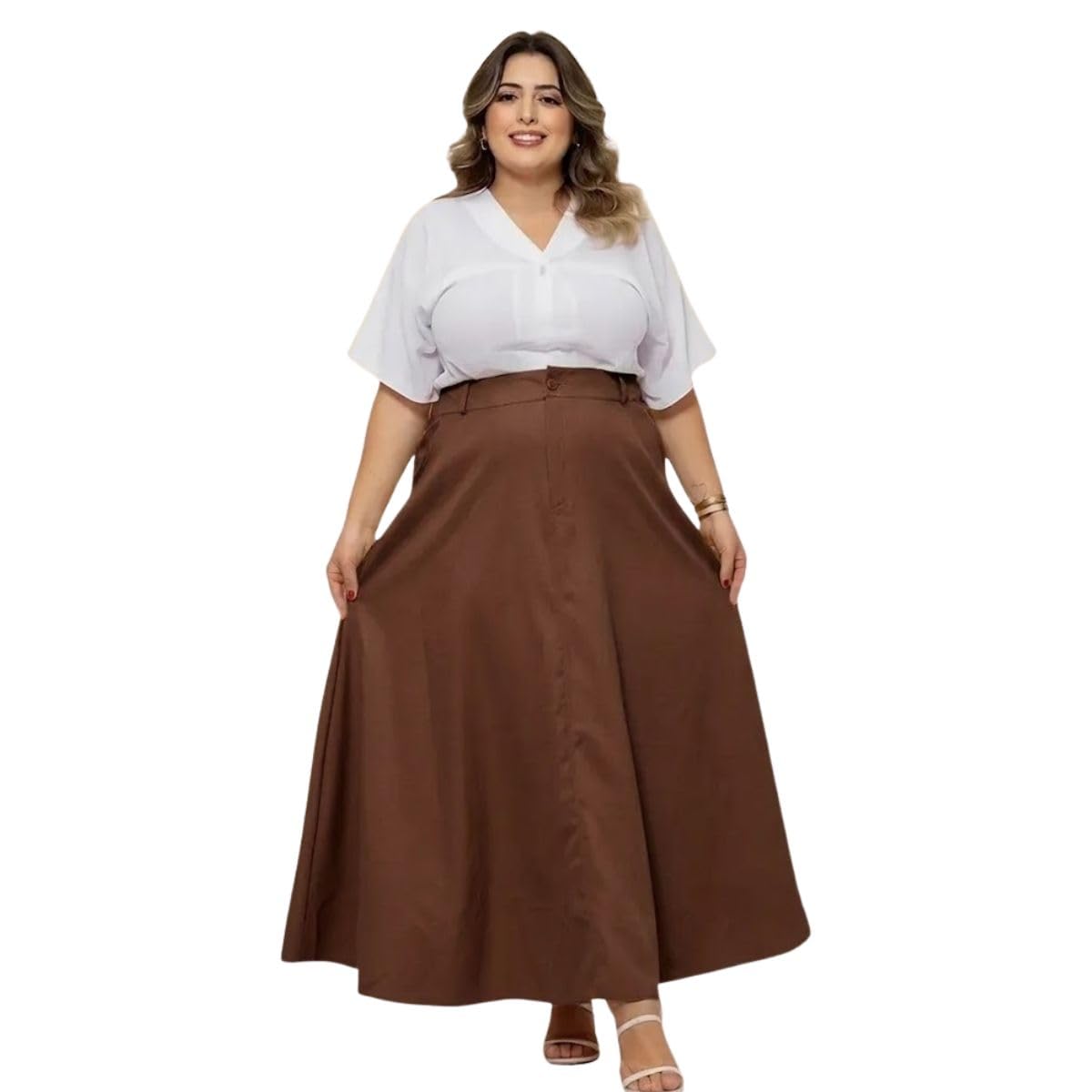 Saia Longa Plus Size Alfaiataria, com Bolsos, moda feminina Evangélica saipl-007