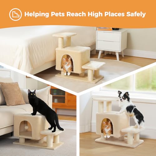 Image of 3-in-1 Dog Stairs & Cat Scratching Post with Condo, Pet Steps for High Beds, Sofa, Couch, Tall Cat Tower, High-Strength Boards for Indoor Small Cats Kittens Dogs Climbing Playing, 3 Steps-Beige