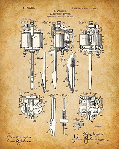 Original Tattoo Machine Patent Prints - Set Of Four Photos (8X10) Unframed - Makes A Great Tattoo Shop Decor And Gift Under $20 For Tattoo Artists And Ink Fans #TOP4
