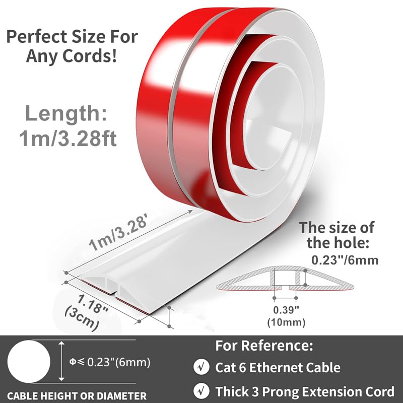 Protezione Per Cavi Da Pavimento 1 Metro | PVC Morbido - Bianco | Copricavo Antiscivolo Basso Profilo (11 Mm)