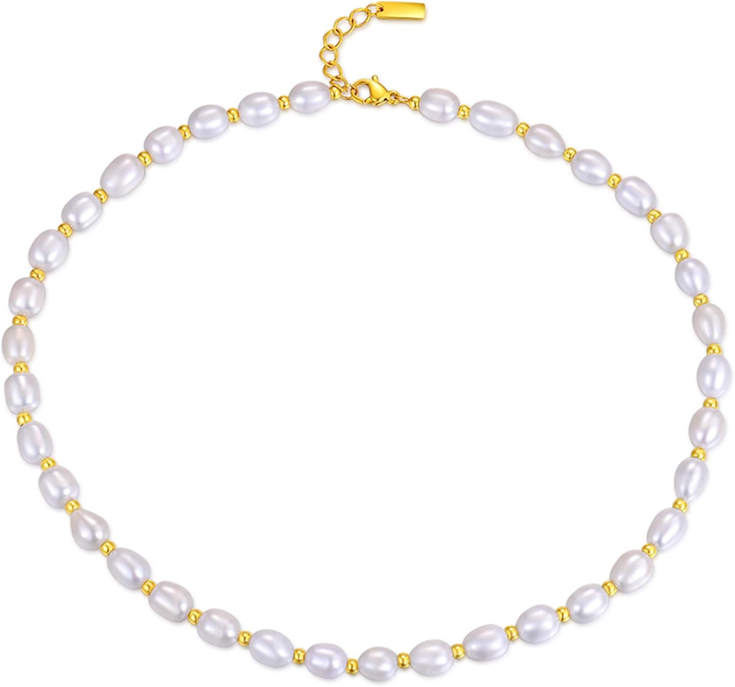 SDA Natural Freshwater Pearl Necklace for Women with Gold Beads, 16-18 Inch Adjustable Length, White