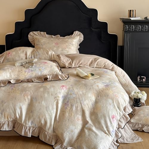 Ruffle Duvet Cover Queen Muslin Cotton Vintage Flower Duvet Cover Soft Breathable Linen Like Gauze Bedding Set for Girls-Ivory
