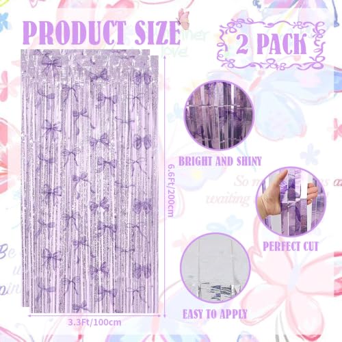 Image of TONIFUL 2Pcs Laser Purple Bow Metallic Tinsel Foil Fringe Curtain Streamers