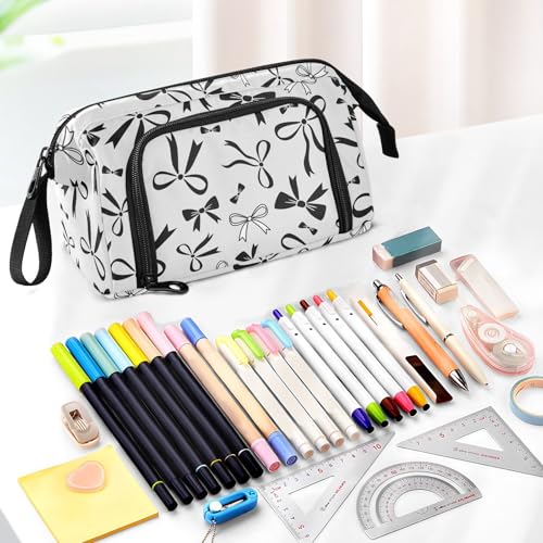 Image of Bow Gray Pencil Case Pouch Big Capacity Pencil Bag Box Organizer Pen Case with Zipper Pencil Cases for Girls Boys Women School College Office