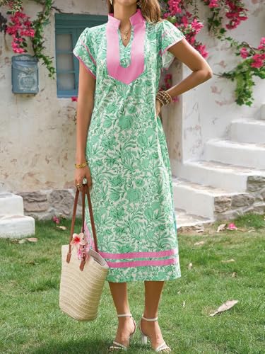 Image of Wenrine Womens Summer Floral Maxi Dress Casual Short Cap Sleeve V Neck Color Block Side Slit Loose Boho Beach Dresses