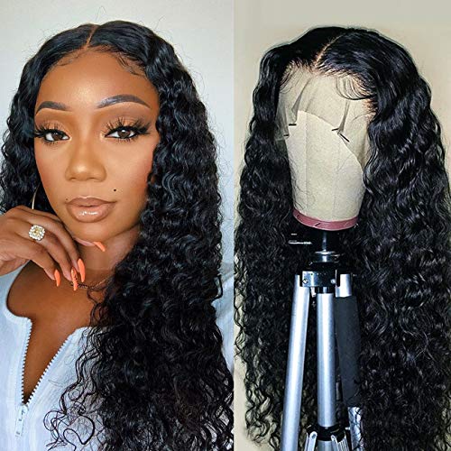 K'ryssma Curly Human Hair Wigs Deep Wave Lace Front Wig Human Hair Middle Parting Pre Plucked Brazilian Remy T Part Lace Wig with Baby Hair Natural Color 22 inches