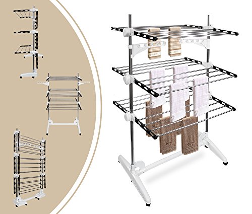 Preisvergleich Produktbild Leogreen Wäscheständer mit 3 Trockenebenen, klappbarer Turmtrockner mit Edelstahlrohre, Turmwäschetrockner mit Rad, 2 faltbaren Flügeln, Wäschegestell für Balkon, Schwarz / Weiß