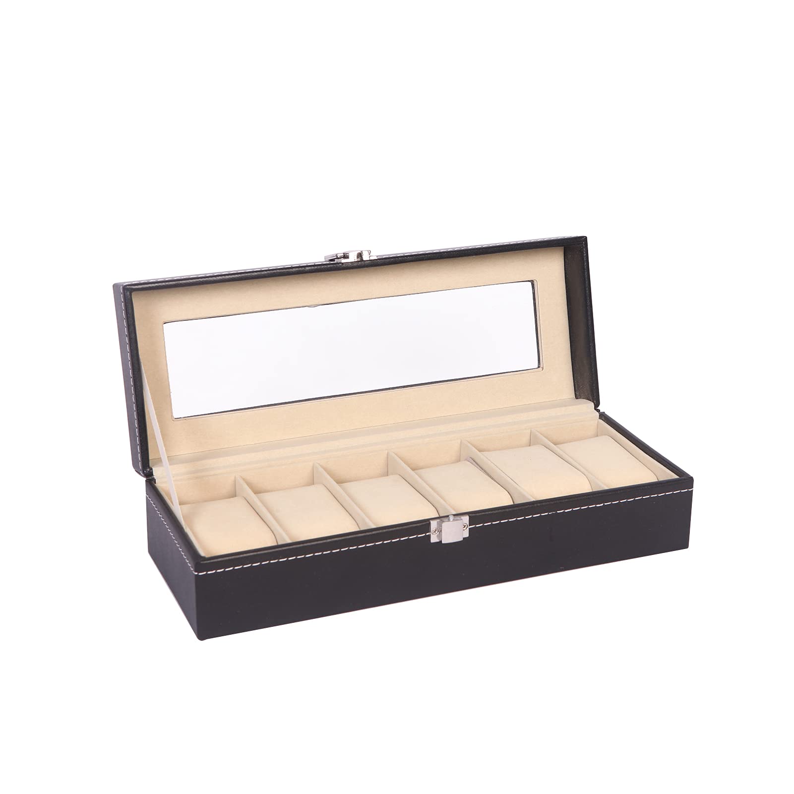 DAYONGDAYONG Watch Box Mens Large Watch Case Lockable Jewelry Display Organizer with Real Glass Top Black Watch Storage Boxes Pu Leather (6-Slot)
