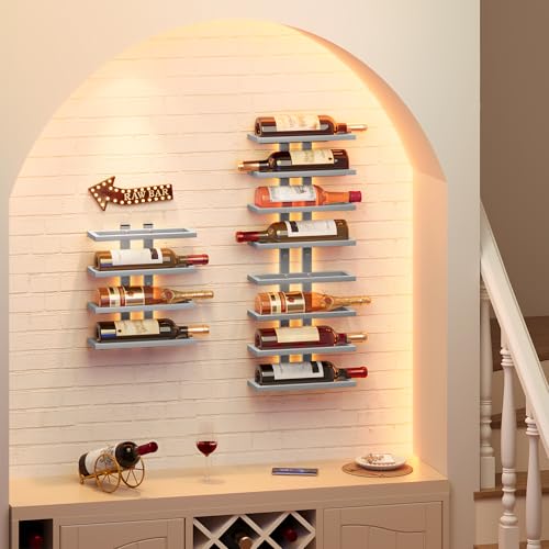 Image of Hoctieon 8 Tier Wall Mount Wine Rack, Wall Racks for Wine Bottles Display and Storage, Hanging Bottle Organizer for Living Room, Dining Room, Wine Cellar, Bar, Grey