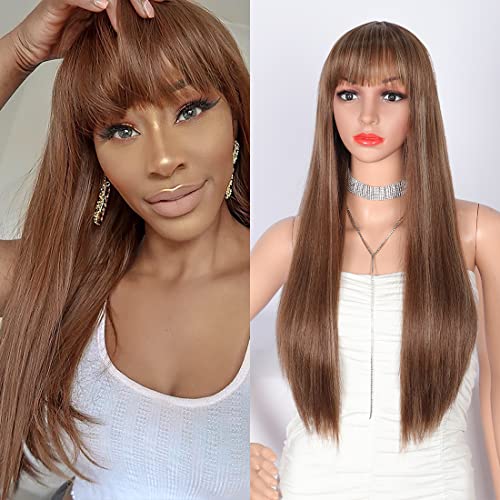 Olymei Brown Wig with Bangs 28 Inch Silky Long Straight Wigs with Bangs Natural Heat Resistant Synthetic Wig with Bangs for Women Daily Party Use
