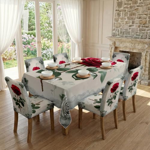 Nappe et housses de chaise grande rose rouge protège table et cache chaises abîmées