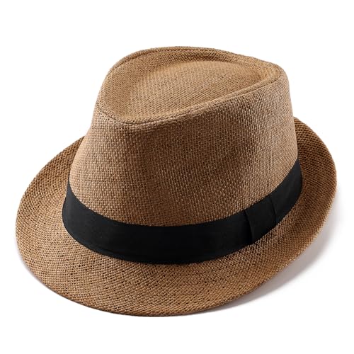 Image of Straw Fedora Hats for Men Women, 1920s Short Brim Trilby Panama Hat Summer Beach Sun Cap