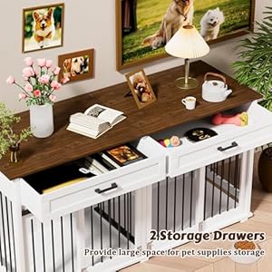 Mupater large dog crate furniture for 2 dogs with removable divider double wooden dog cage table with 2 large drawers  safety locks decorative indoor dog kennel furniture white   cucciolini doodles