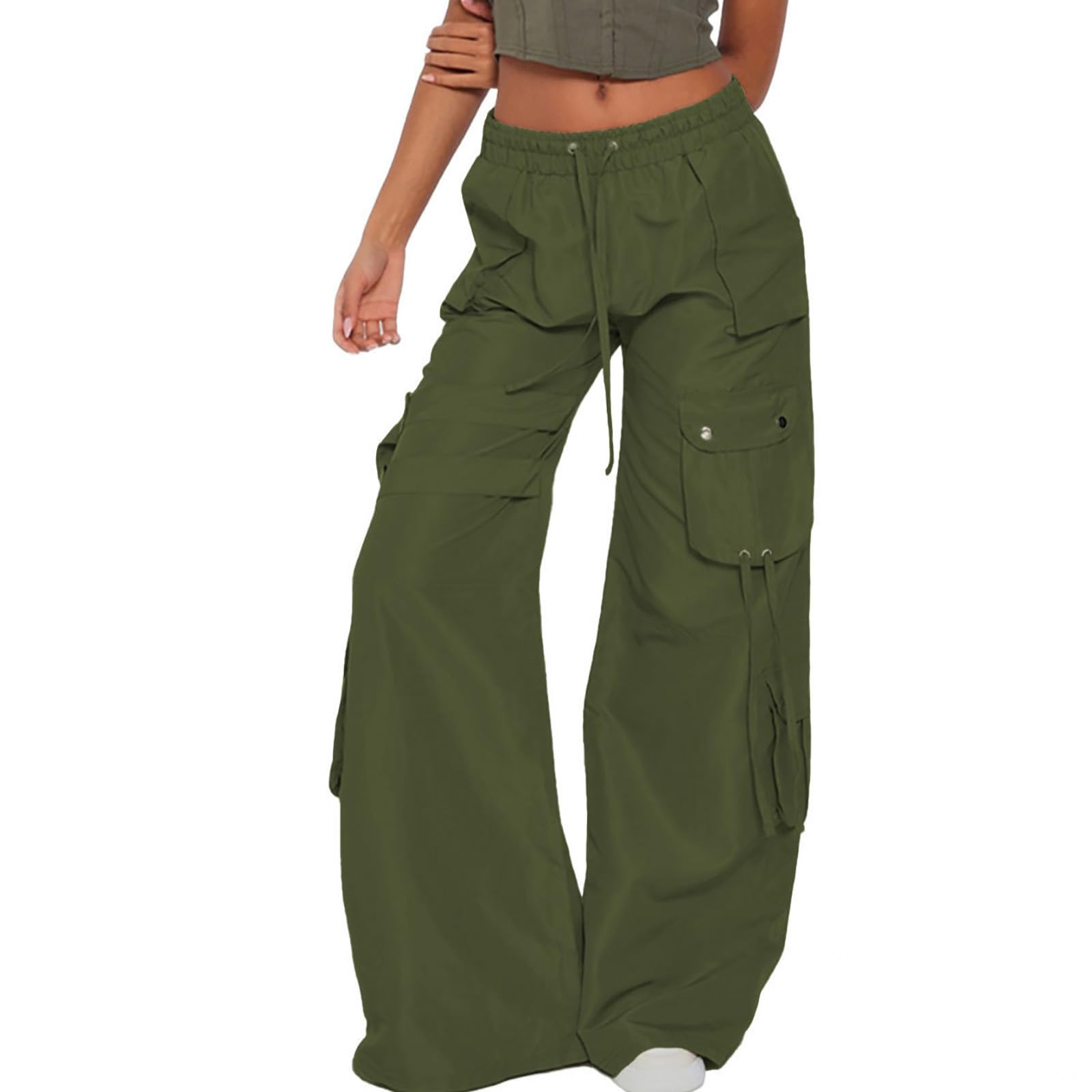 Cargo Pants for Women Trendy High Waisted Pants Straight Street Y2K Drawstring Casual Baggy Pants with Multi Pockets