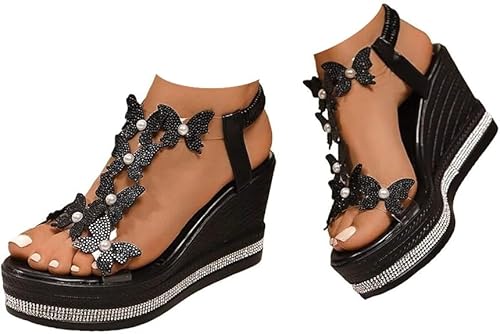 Orthopedic Wedge Sandals for Women,High Heel Wedge Sandals Rhinestones Sparkly Butterfly Platform Thick Soled (all black butterf