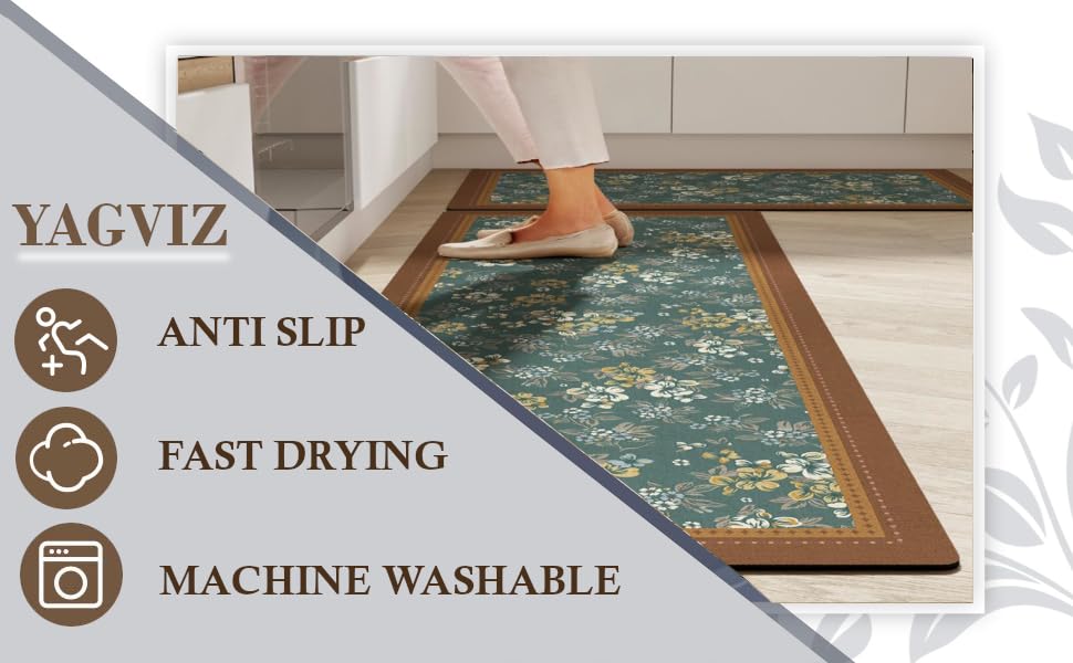 Image of YAGVIZ Non-Slip Kitchen Floor Mats, Water Absorbent, Rugs,Standing Rubber Mats for Kitchen, Office, Sink and Laundry Room, Hallway, Floral Design Carpet