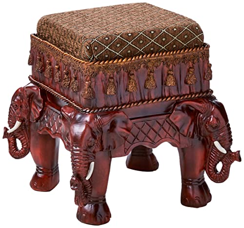 Design Toscano Maharajah Elephants Indian Decor Upholstered Footstool, 13 Inch Tall, Cast Stone Resin, Wood Tone Finish