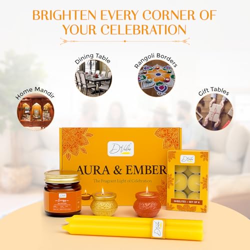 Image of D'Velas Aura & Ember Gift Box - Aromatherapy Candle, Scented Diyas, Cow Ghee Tealights & Colored Stick Candles | Luxury Holiday Hamper for Home Decor, Festive Celebration & Gifting