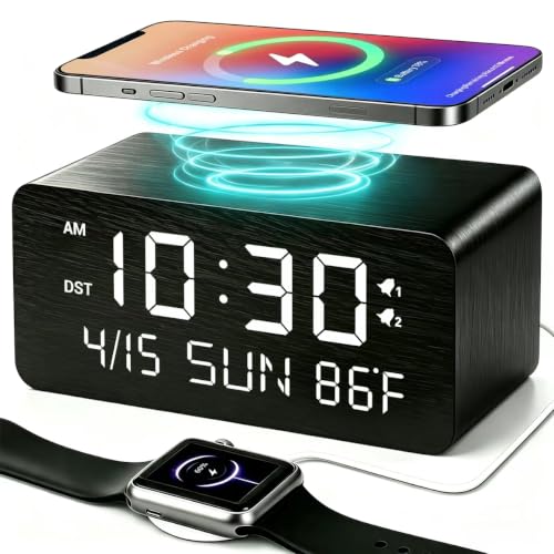 Premium Black Wooden Digital Alarm Clock with Wireless Phone Charger, Dual USB Charging Ports, Dimmable LED Display, Date and Day of Week, Small Digital Desk Clock for Bedroom Nightstand Bedside Table
