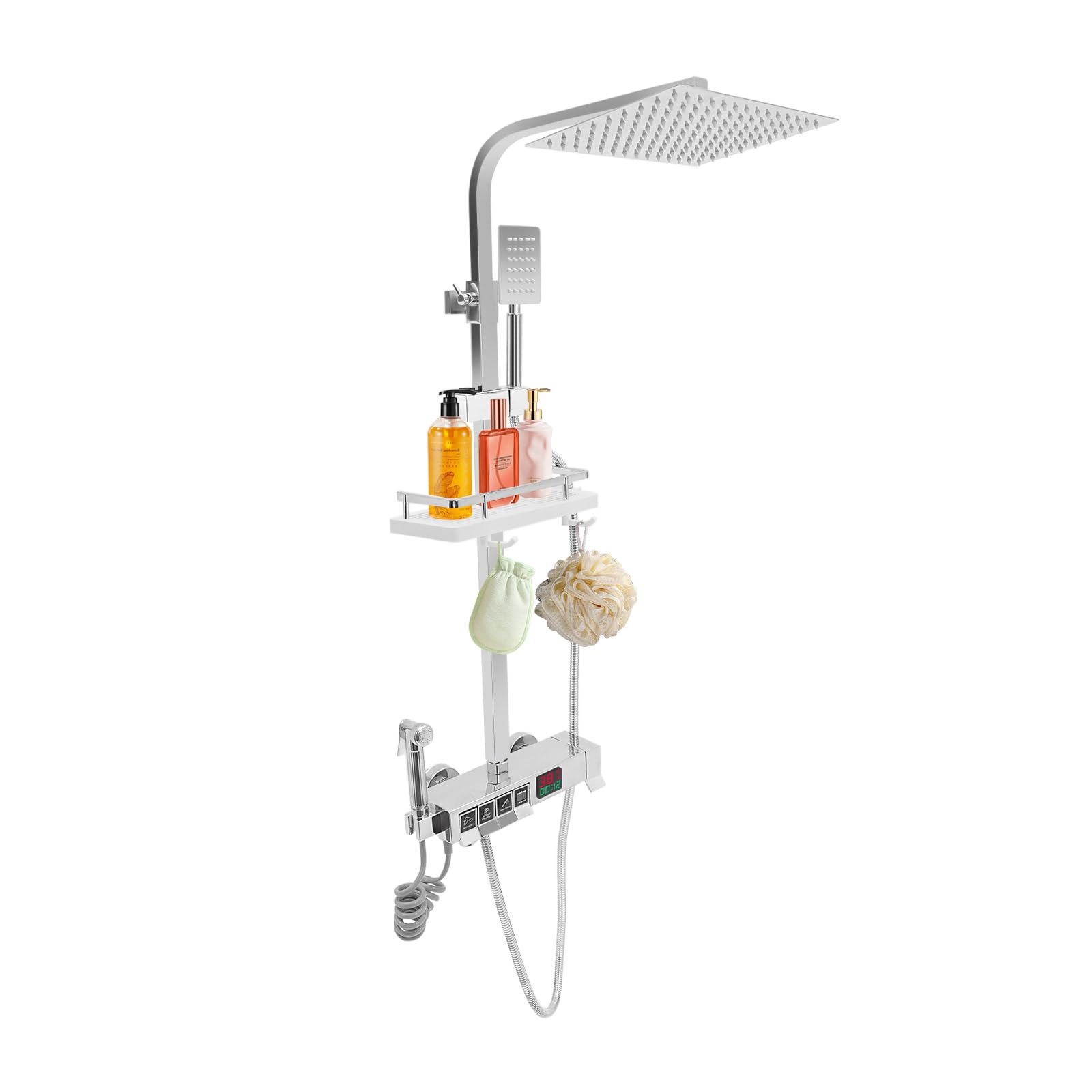 Sistema de ducha de acero inoxidable de 20 cm, columna de ducha con 4 salidas, alcachofa de ducha, alcachofa de mano, pistola de agua de alta presión y grifo de salida inferior, con termostato, cesta