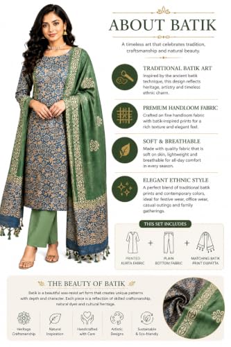 Image of HAIDER ALI AND SONS Handloom Cotton Silk Batik Print Unstitched Dress Material for Women with Dupatta | Bhagalpuri Suit Set | Salwar Suit Material | Festival, Party & Casual Wear