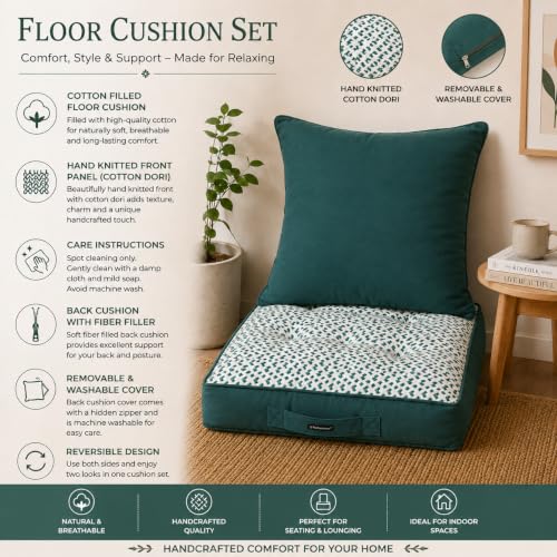 Image of Peacock Woven Quilted Floor Cushion Set 60x60x10 CM with Fillers & Back Cushion, Large Size for Seating, Patio Seat, Meditation, Yoga, Pooja, Guests, Living Size 24x24x4 Inch