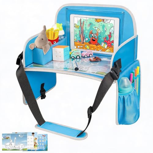 Image of MENZOKE Kids Travel Tray, Car Seat Tray for Kids Travel, Toddler Essentials | Road Trip Activities Accessories with Tablet Holder, Cooler Cup Holder, Dry Erase Board & Storage Pocket for Airplane, Blue